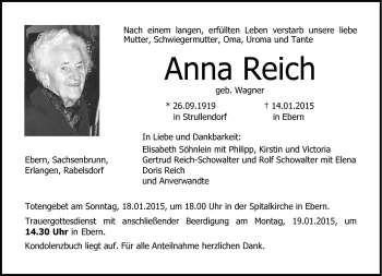 Traueranzeige von Anna Reich von Neue Presse Coburg