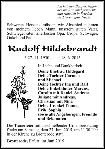 Traueranzeige von Rudolf Hildebrandt von Südthüringer Presse