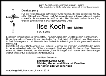 Traueranzeige von Ilse Koch von Südthüringer Presse