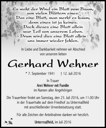 Traueranzeige von Gerhard Wehner von Südthüringer Presse