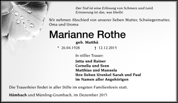 Traueranzeige von Marianne Rothe von Südthüringer Presse