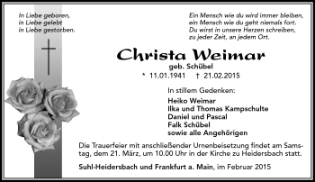 Traueranzeige von Christa Weimar von Südthüringer Presse