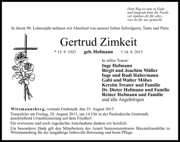 Traueranzeige von Gertrud Zimkeit von Neue Presse Coburg