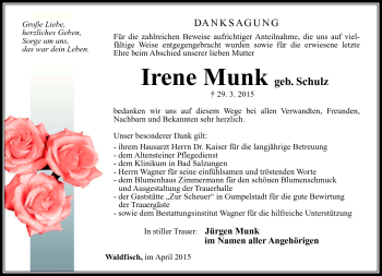 Traueranzeige von Irene Munk von Südthüringer Presse