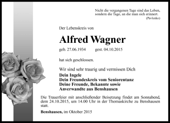Traueranzeige von Alfred Wagner von Südthüringer Presse