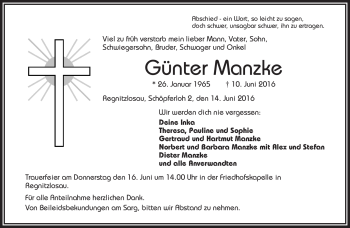 Traueranzeige von Günter Manzke von Frankenpost