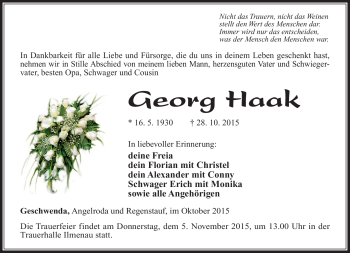 Traueranzeige von Georg Haak von Südthüringer Presse