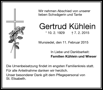 Traueranzeige von Gertrud Kühlein von Frankenpost