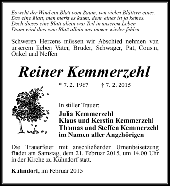 Traueranzeige von Reiner Kemmerzehl von Südthüringer Presse