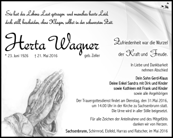 Traueranzeige von Herta Wagner von Südthüringer Presse