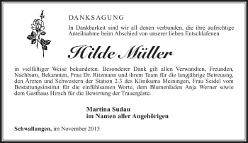 Traueranzeige von Hilde Müller von Südthüringer Presse