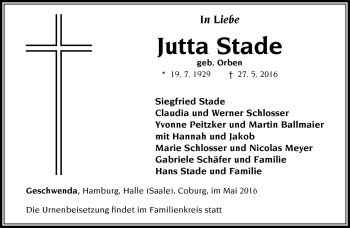 Traueranzeige von Jutta Stade von Südthüringer Presse