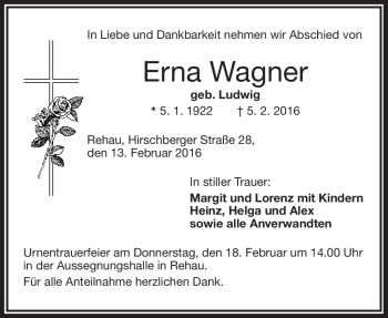 Traueranzeige von Erna Wagner von Frankenpost