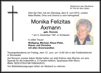 Traueranzeige von Monika Felizitas Axmann von Frankenpost
