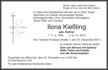 Traueranzeige von Ilona Kießling von Frankenpost