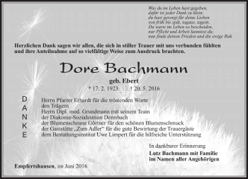 Traueranzeige von Dore Bachmann von Südthüringer Presse