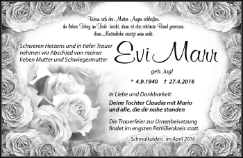 Traueranzeige von Evi Marr von Südthüringer Presse
