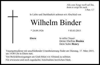 Traueranzeige von Wilhelm Binder von Neue Presse Coburg