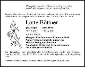 Traueranzeige von Lotte Böttner von Südthüringer Presse