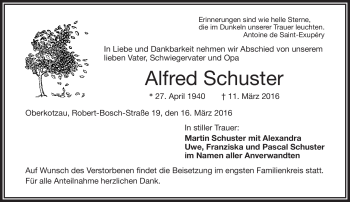 Traueranzeige von Alfred Schuster von Frankenpost
