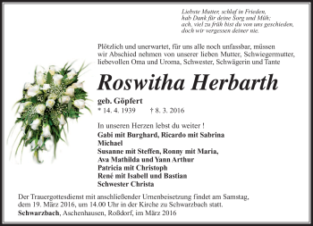 Traueranzeige von Roswitha Herbarth von Südthüringer Presse