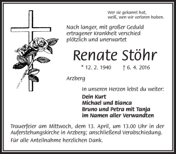 Traueranzeige von Renate Stöhr von Frankenpost