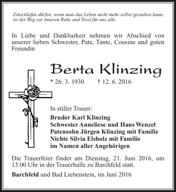 Traueranzeige von Berta Klinzig von Südthüringer Presse