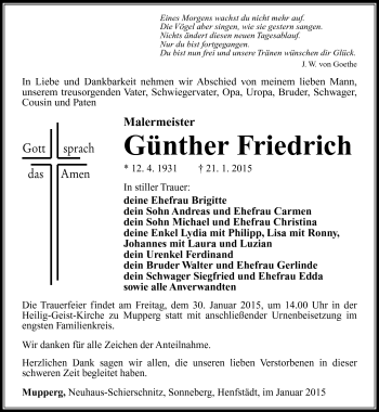 Traueranzeige von Günther Friedrich von Südthüringer Presse