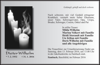 Traueranzeige von Dieter Wilhelm von Südthüringer Presse