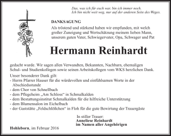 Traueranzeige von Hermann Reinhardt von Südthüringer Presse
