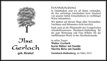 Traueranzeige von Ilse Gerlach von Südthüringer Presse