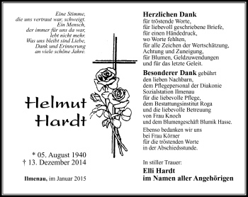 Traueranzeige von Helmut Hardt von Südthüringer Presse