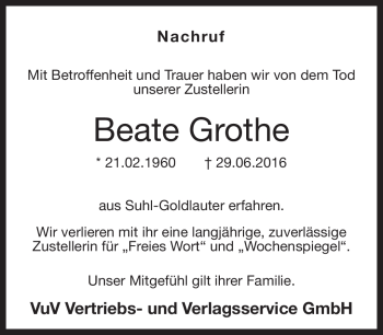 Traueranzeige von Beate Grothe von Südthüringer Presse