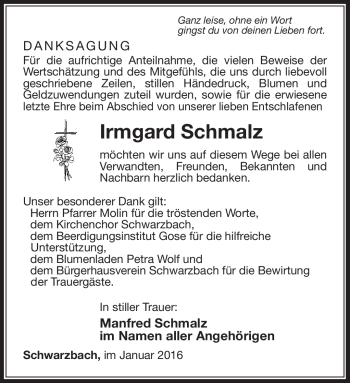 Traueranzeige von Irmgard Schmalz von Südthüringer Presse