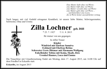 Traueranzeige von Zilla Lochner von Südthüringer Presse
