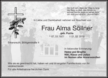Traueranzeige von Alma Söllner von Frankenpost
