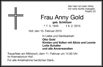 Traueranzeige von Anny Gold von Frankenpost