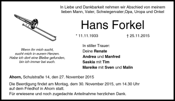 Traueranzeige von Hans Forkel von Neue Presse Coburg