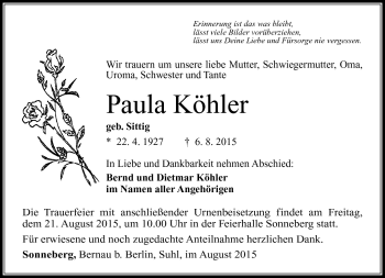 Traueranzeige von Paula Köhler von Südthüringer Presse
