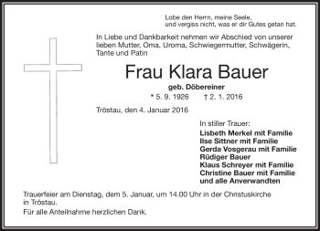 Traueranzeige von Klara Bauer von Frankenpost