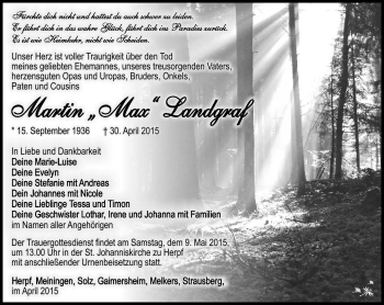 Traueranzeige von Martin Landgraf von Südthüringer Presse