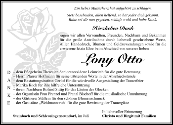 Traueranzeige von Lony Otto von Südthüringer Presse