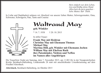 Traueranzeige von Waltraud May von Südthüringer Presse