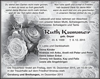 Traueranzeige von Ruth Kummer von Südthüringer Presse