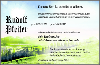 Traueranzeige von Rudolf Pfeifer von Südthüringer Presse