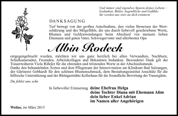 Traueranzeige von Albin Rodeck von Südthüringer Presse
