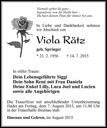 Traueranzeige von Viola Rätz von Südthüringer Presse