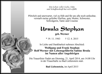 Traueranzeige von Ursula Stephan von Südthüringer Presse