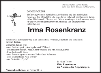 Traueranzeige von Irma Rosenkranz von Südthüringer Presse
