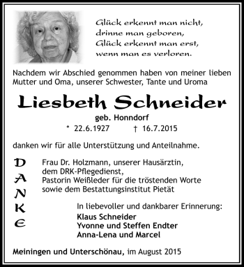 Traueranzeige von Liesbeth Schneider von Südthüringer Presse